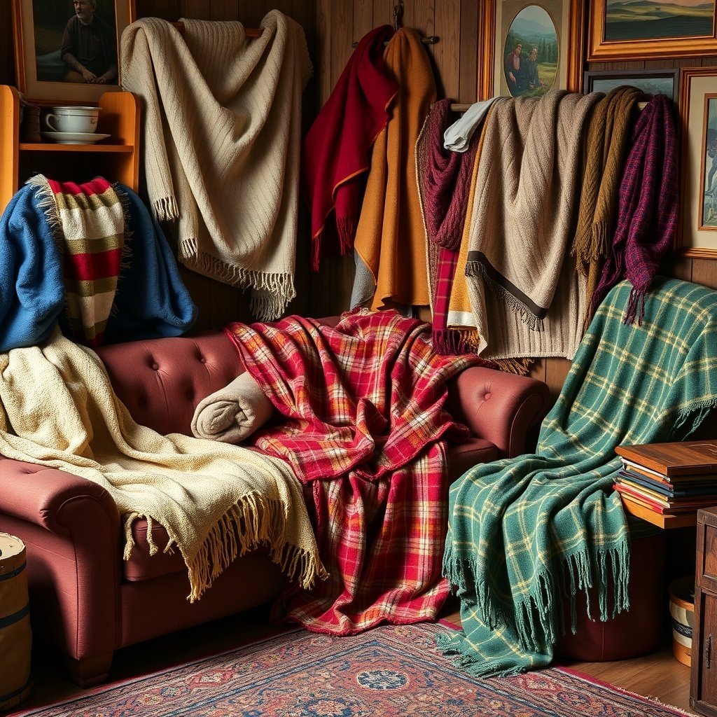 A cozy couch with various blankets draped over it, creating a warm atmosphere.