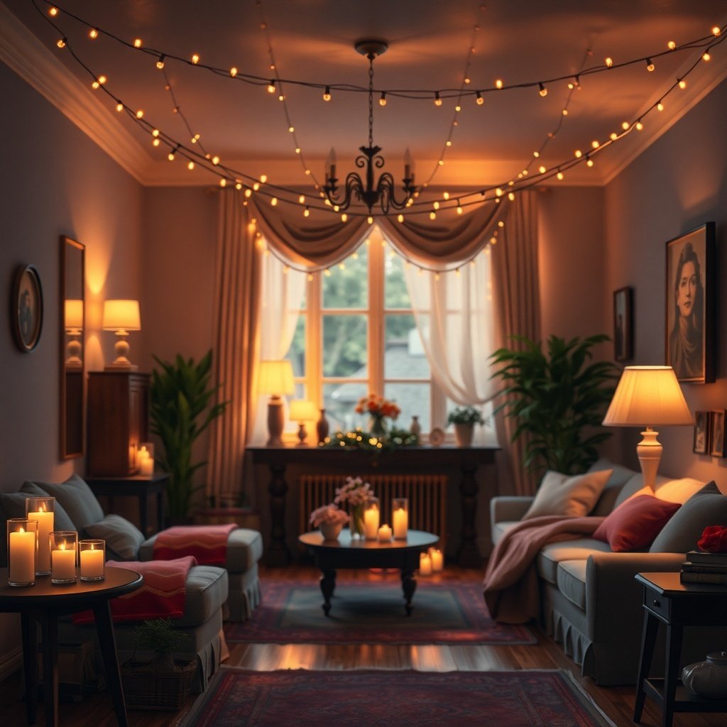 Cozy living room with layered lighting, featuring string lights, lamps, and candles.
