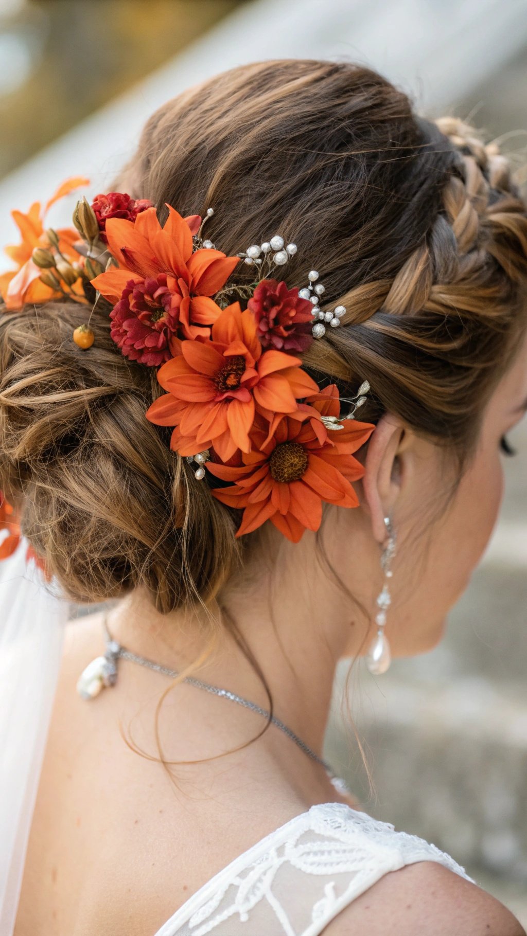 A bride's hairstyle featuring burnt orange flowers and silver accents.