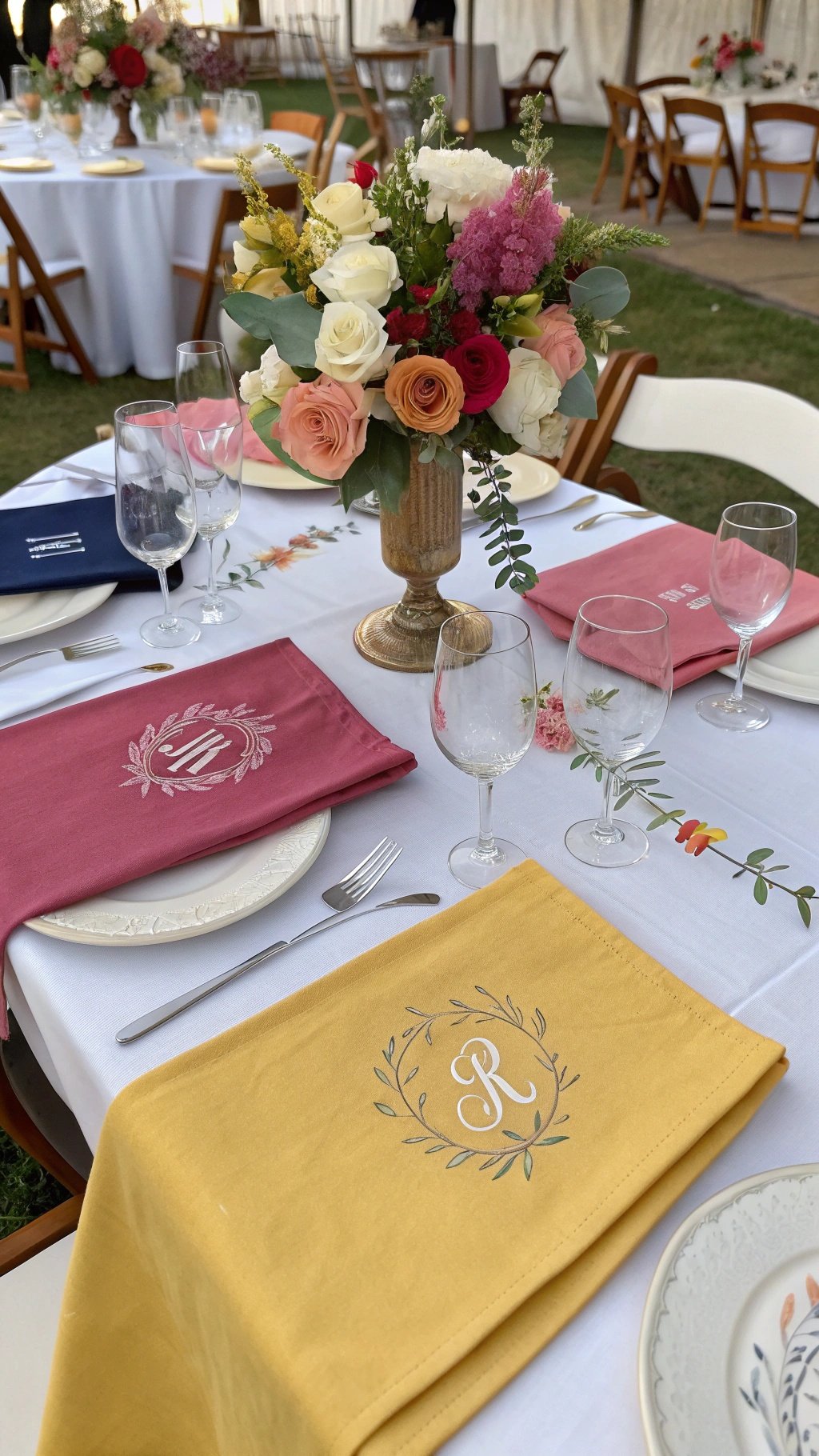 Wedding table with monogrammed napkins and floral centerpieces