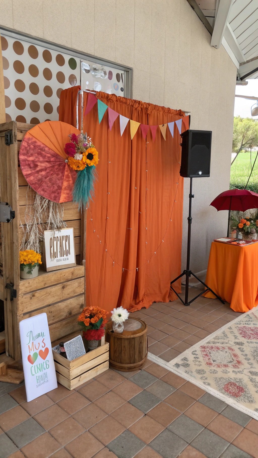 Burnt orange photo booth backdrop with flowers and decorations
