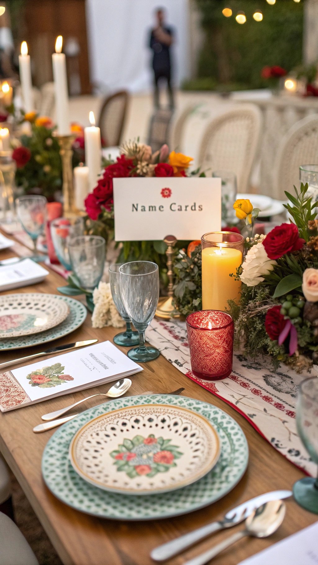 A beautifully set wedding table with personalized place settings, candles, and floral arrangements.