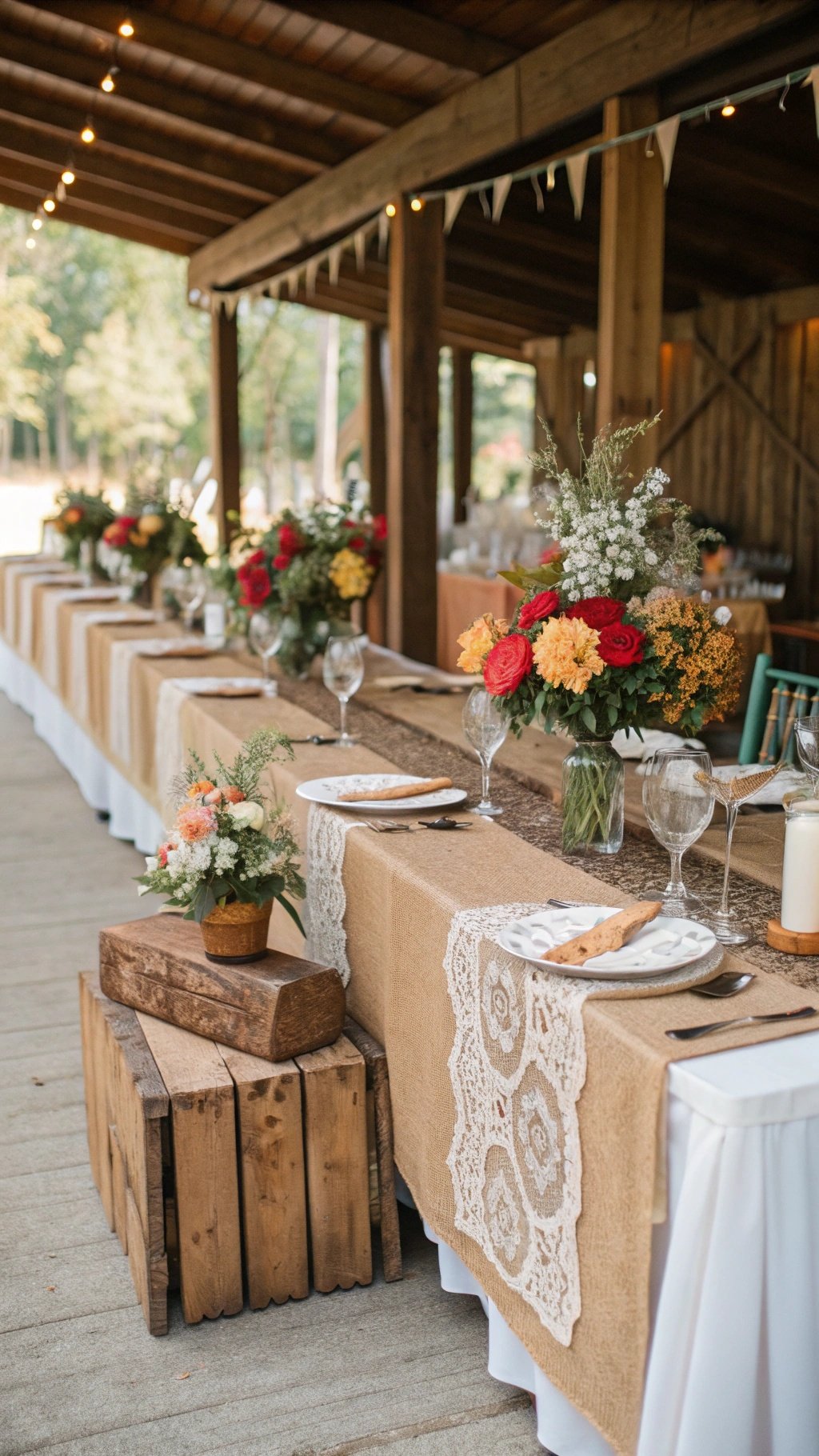 Rustic wedding table decorations featuring wooden accents, burlap runners, and vibrant floral arrangements.