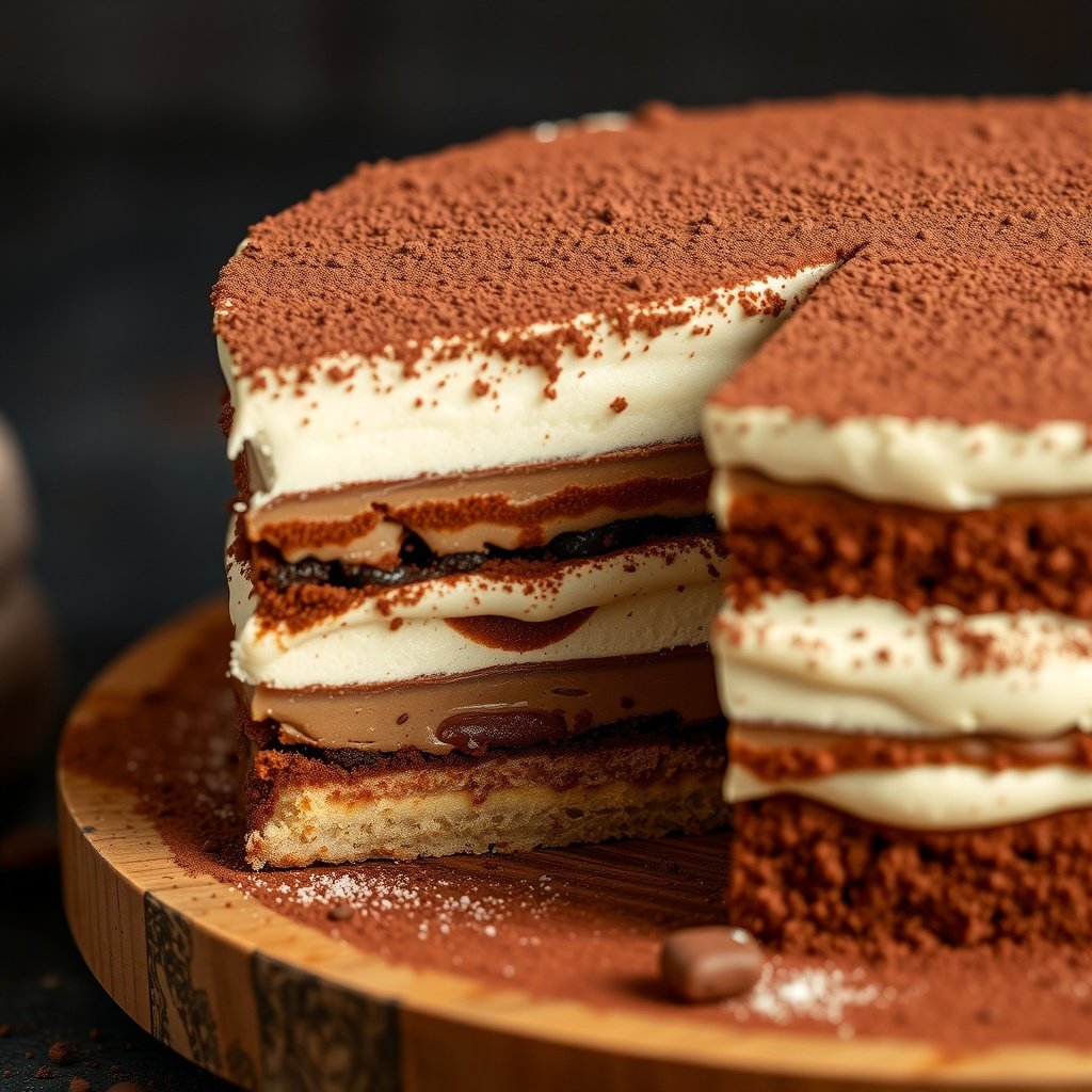 A beautifully layered Tiramisu cake with cocoa powder on top, showcasing its creamy texture and coffee-soaked layers.