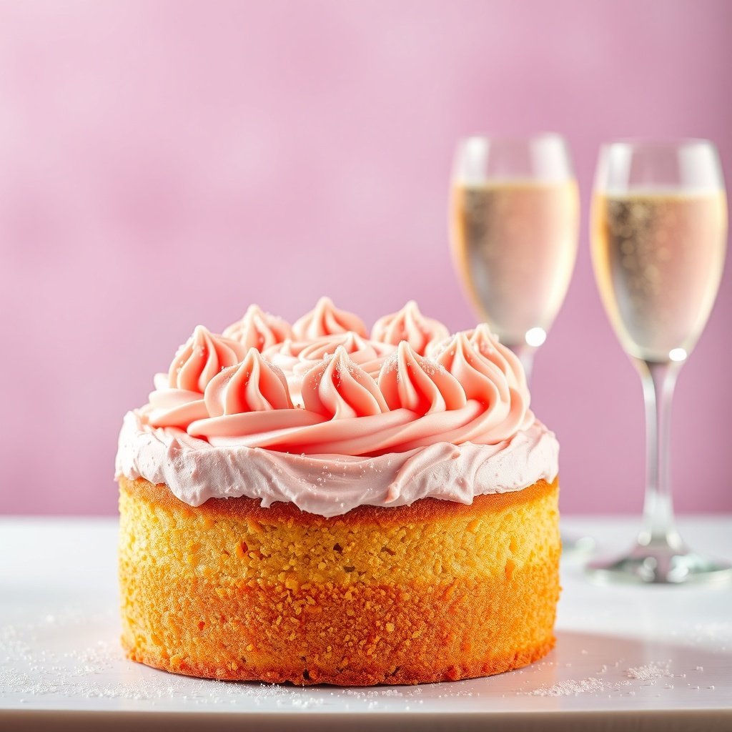 A beautifully decorated Sparkling Champagne Cake with pink frosting, surrounded by two glasses of champagne. New Year Cake