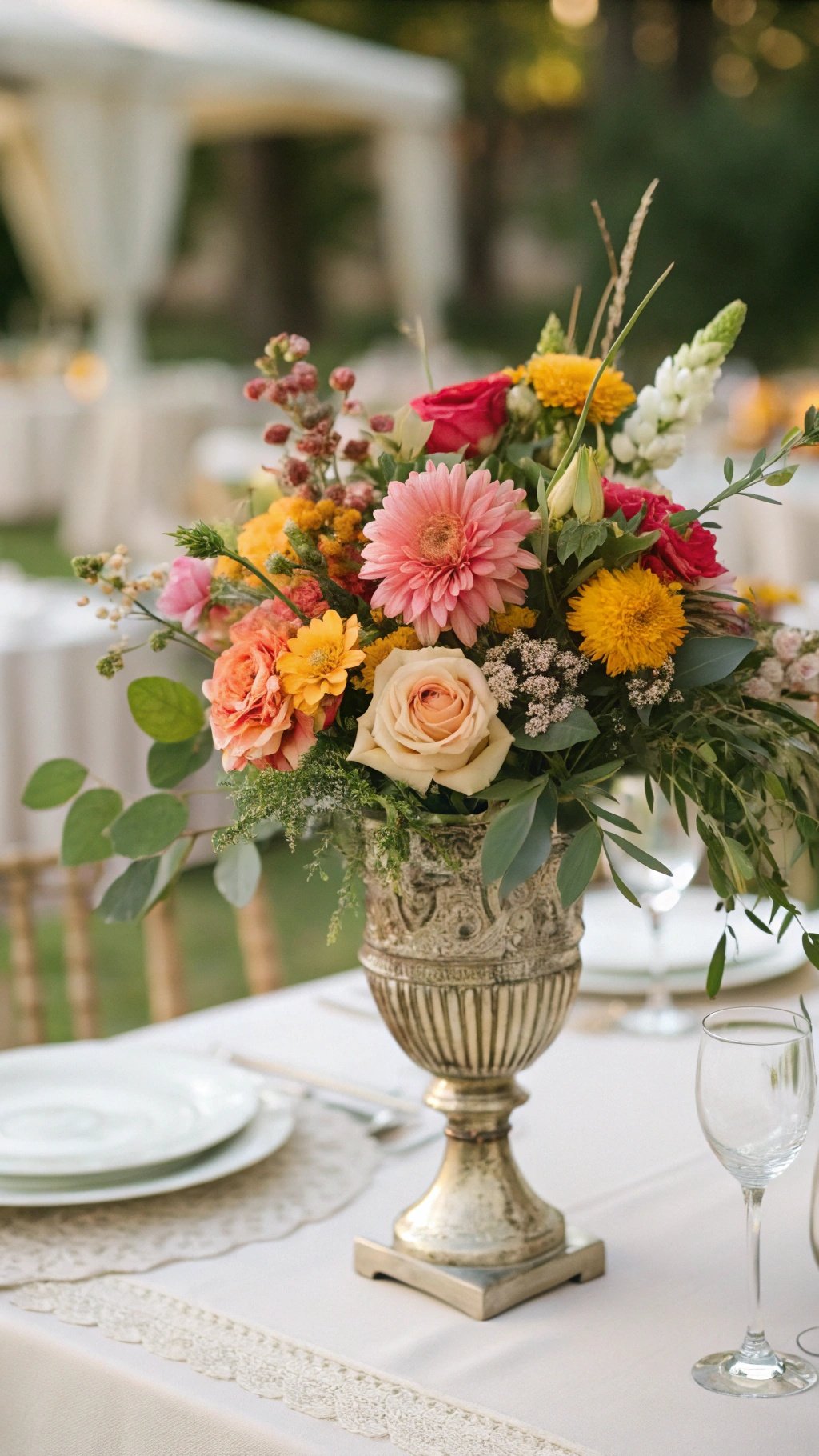 A wedding table centerpiece featuring a variety of fresh flowers in a silver vase.