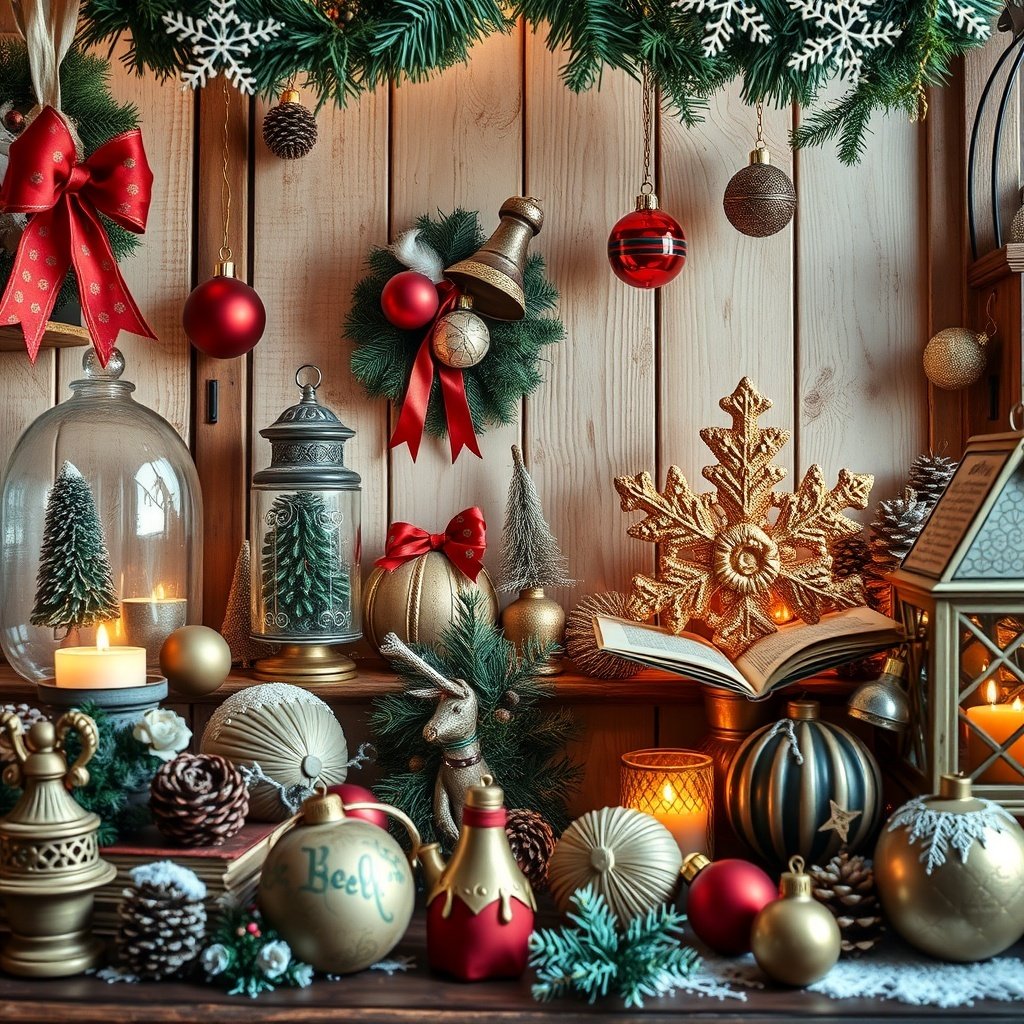 A cozy winter decor scene featuring vintage ornaments, candles, and natural elements.
