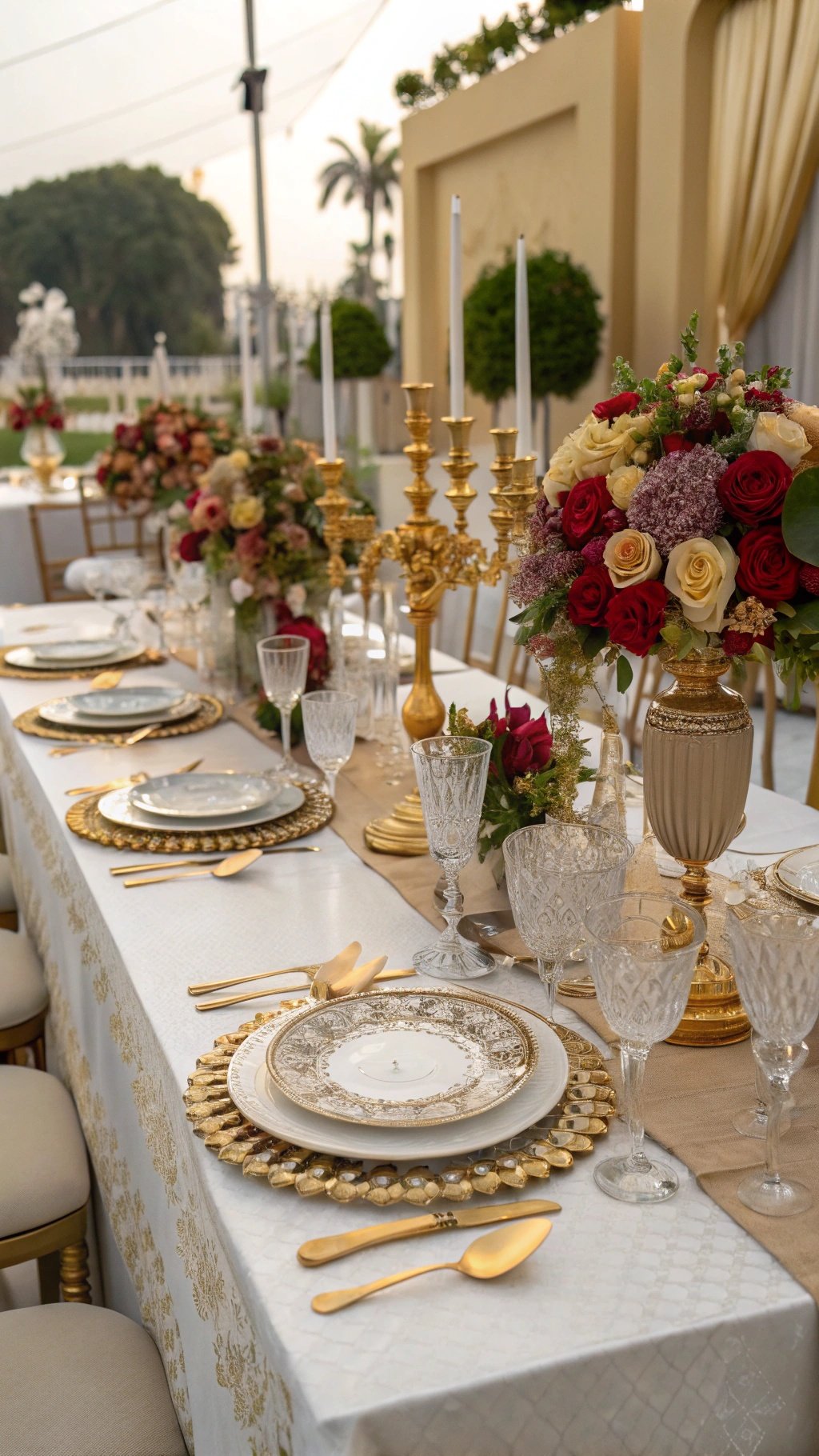 A luxurious wedding table setting with gold and silver decorations, featuring elegant floral arrangements, ornate plates, and crystal glassware.