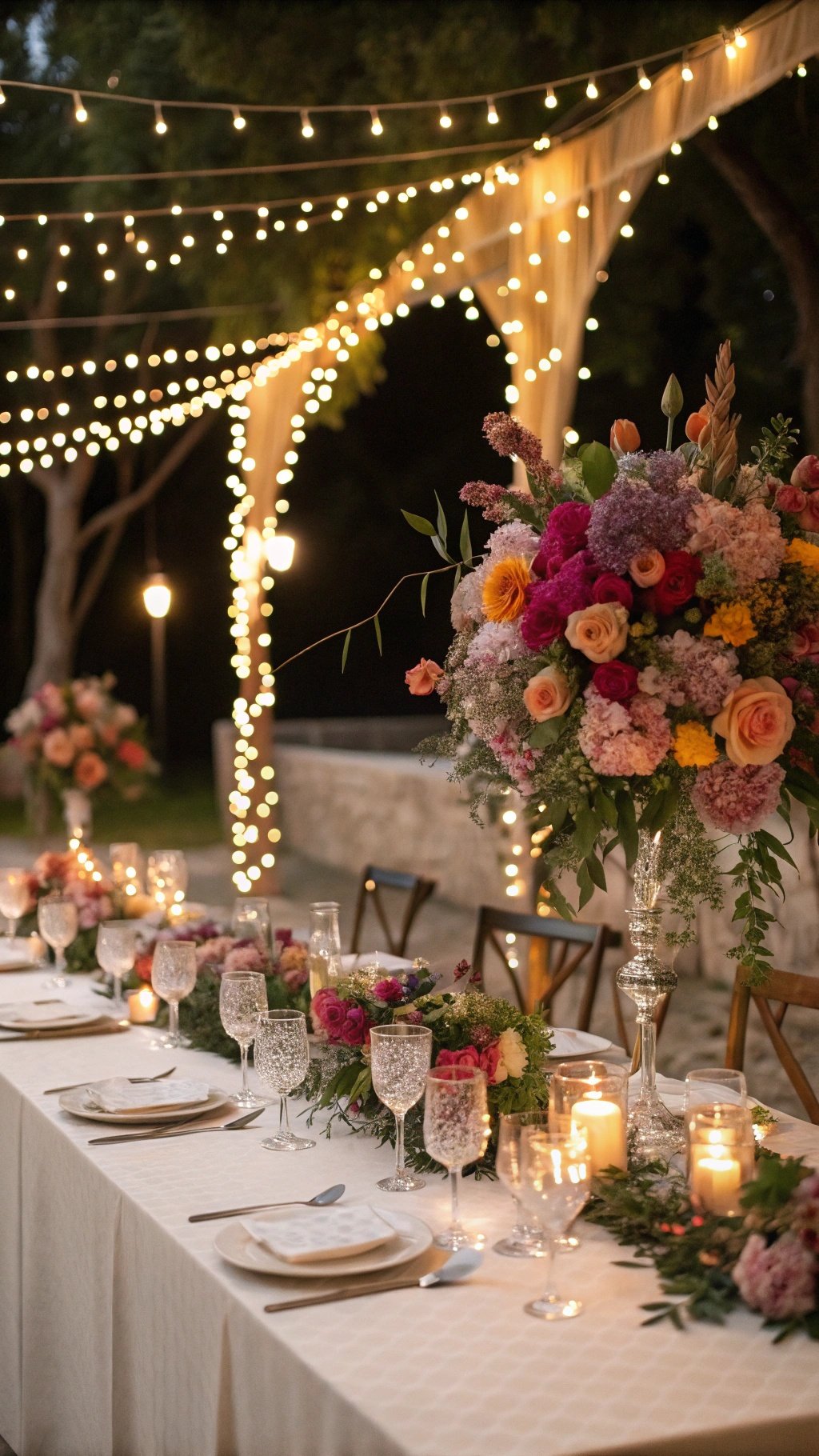 A beautifully decorated wedding table with fairy lights and floral arrangements.
