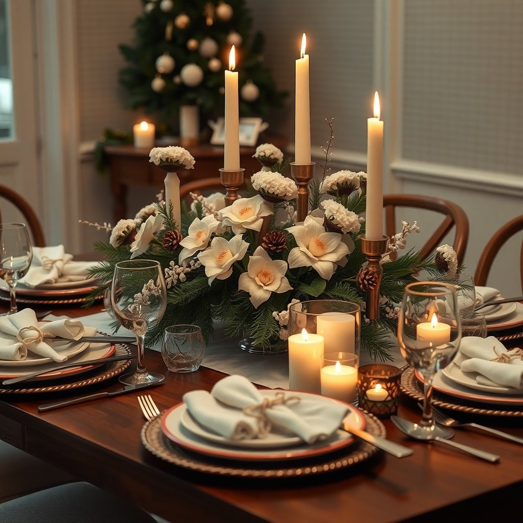 A beautifully set dining table with a winter-themed centerpiece featuring white flowers, candles, and pinecones.