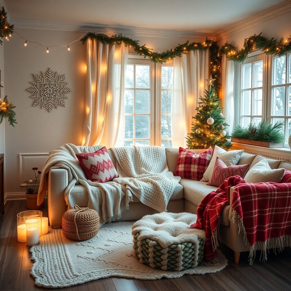 Cozy living room with winter decor featuring a couch with blankets and pillows, a small decorated tree, and candles.