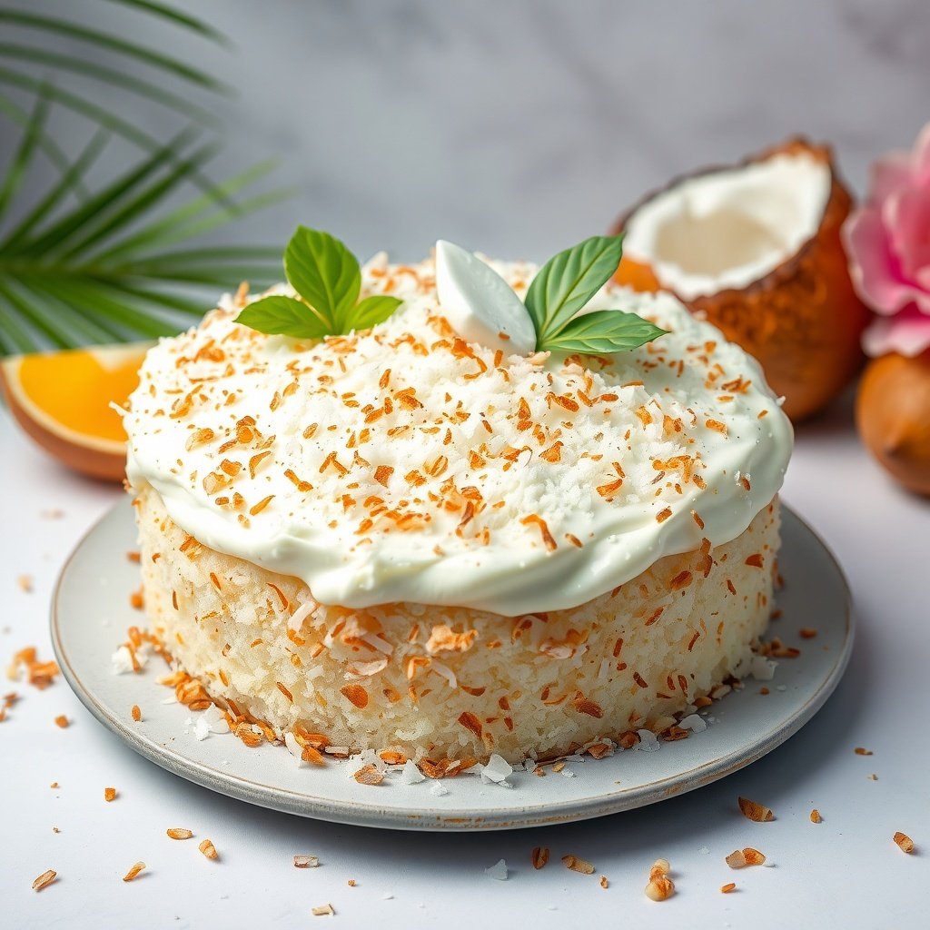 A beautifully decorated coconut cream cake with toasted coconut flakes on top, surrounded by fresh coconut and tropical leaves.
