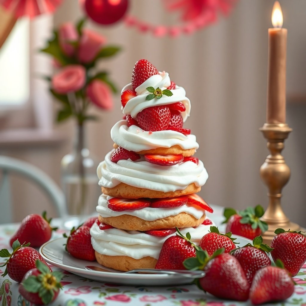 A beautiful strawberry shortcake with layers of whipped cream and fresh strawberries, perfect for New Year celebrations.