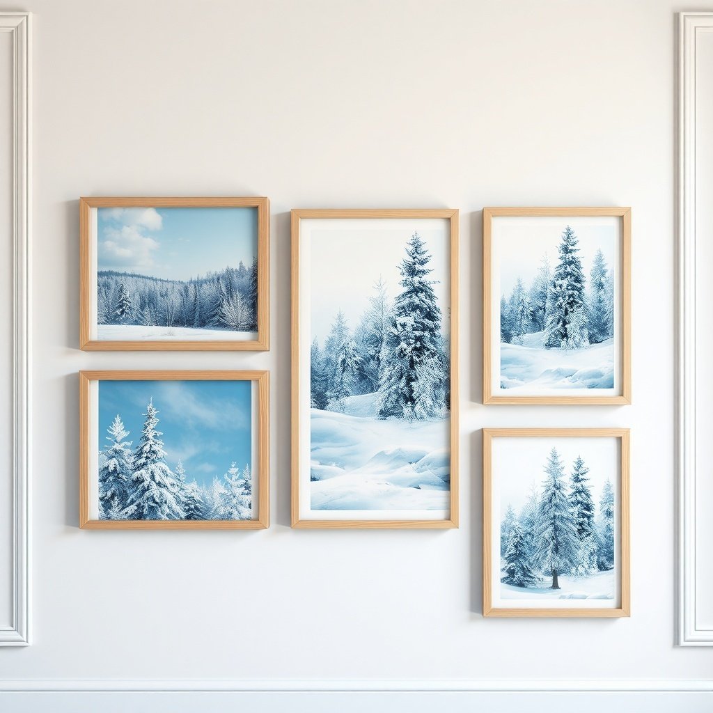 Winter-themed wall art featuring snowy landscapes in wooden frames