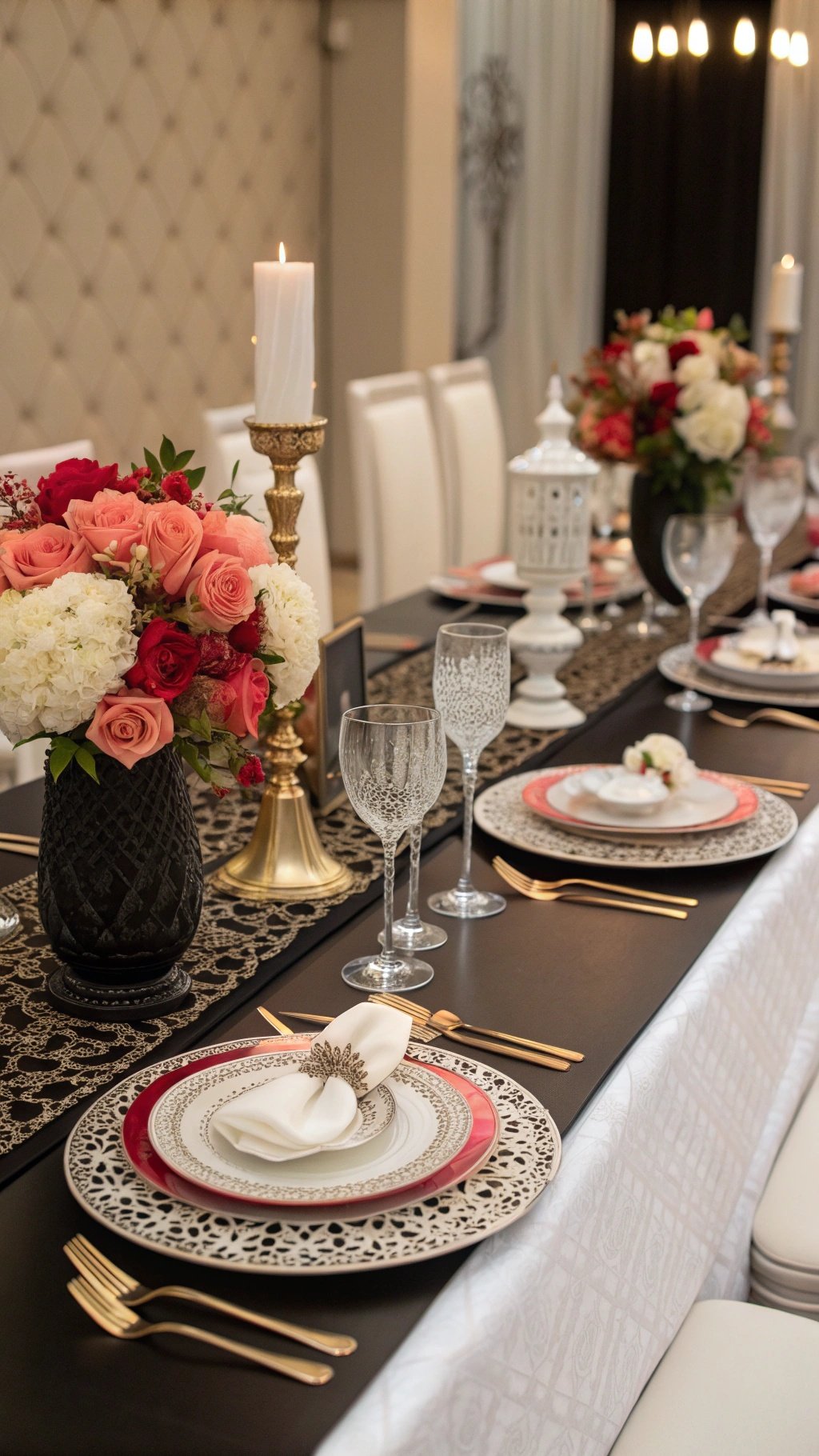 A beautifully set wedding table featuring monochrome colors, elegant floral arrangements, and chic minimalism.