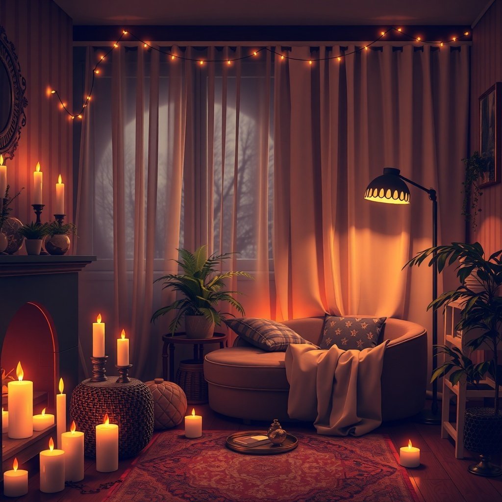A cozy living room with layered lighting, featuring candles, string lights, and a floor lamp, creating a warm atmosphere.