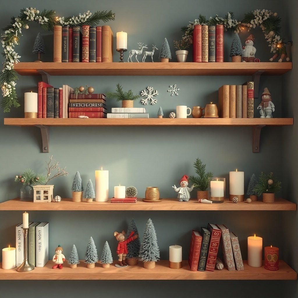 A cozy shelf display featuring winter decor after Christmas decor, with books, candles, evergreen trees, and festive figurines.