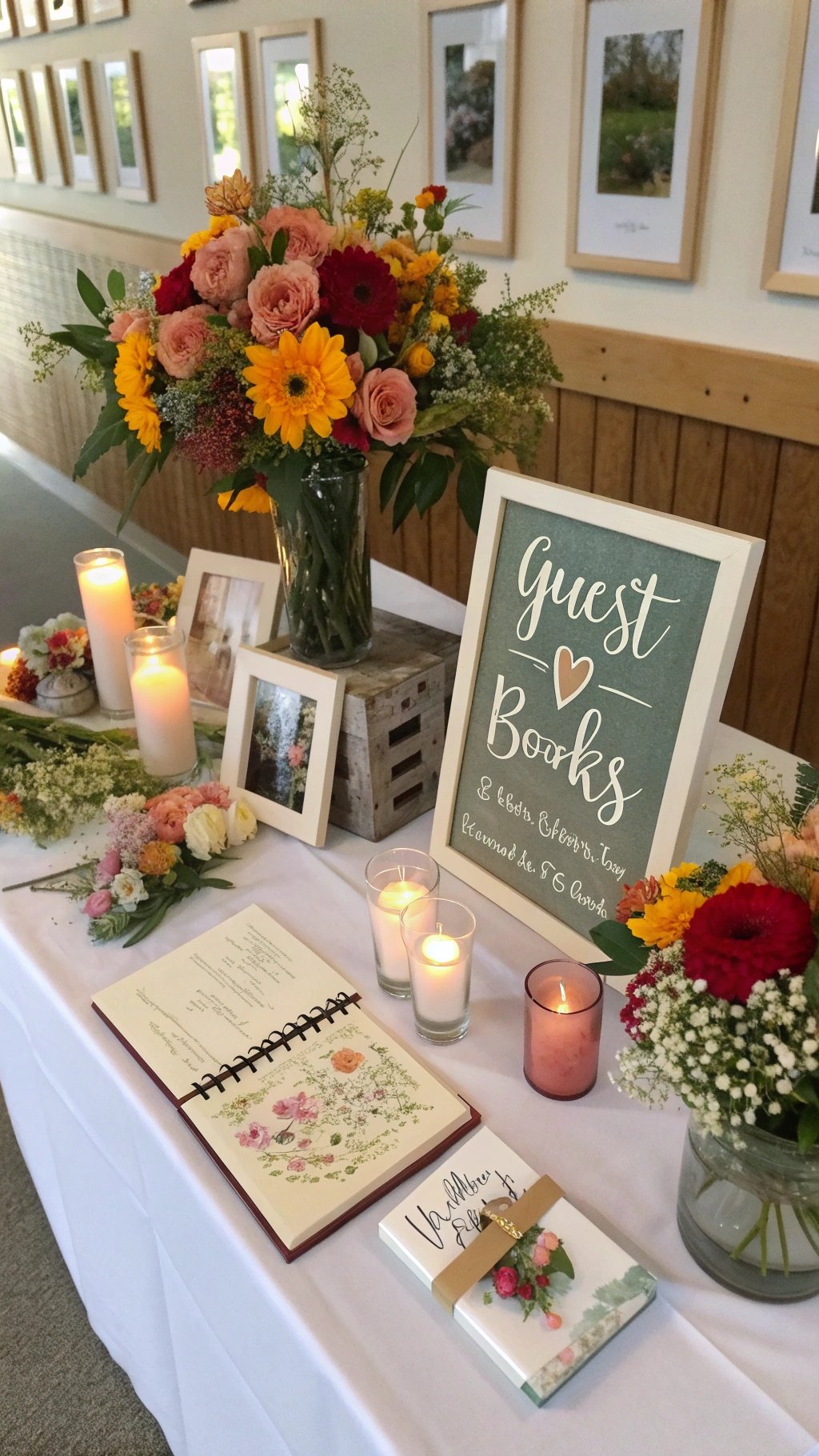 A wedding table setup with flowers, candles, and a guest book sign.