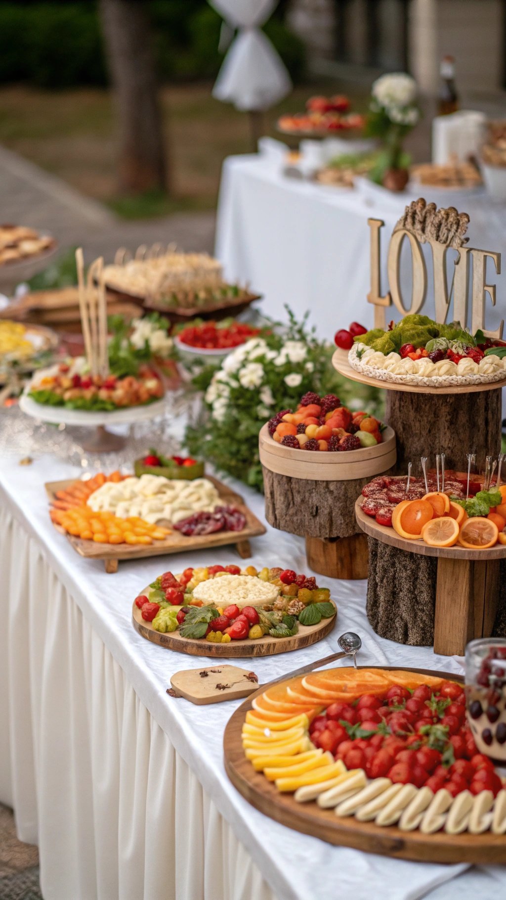 A beautifully arranged artisan food display featuring fruits, cheeses, and a wooden 'LOVE' sign.