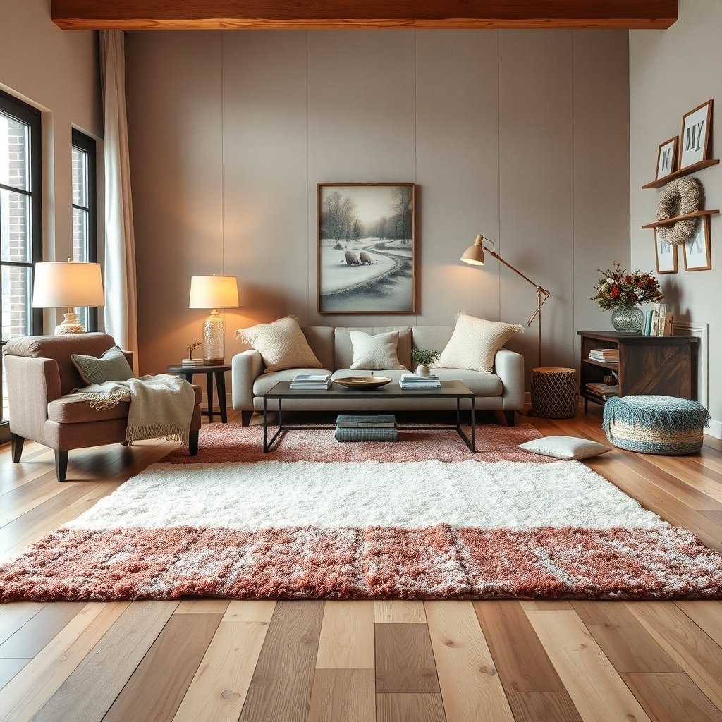 A cozy living room with layered rugs, showcasing a warm winter decor after Christmas decor.
