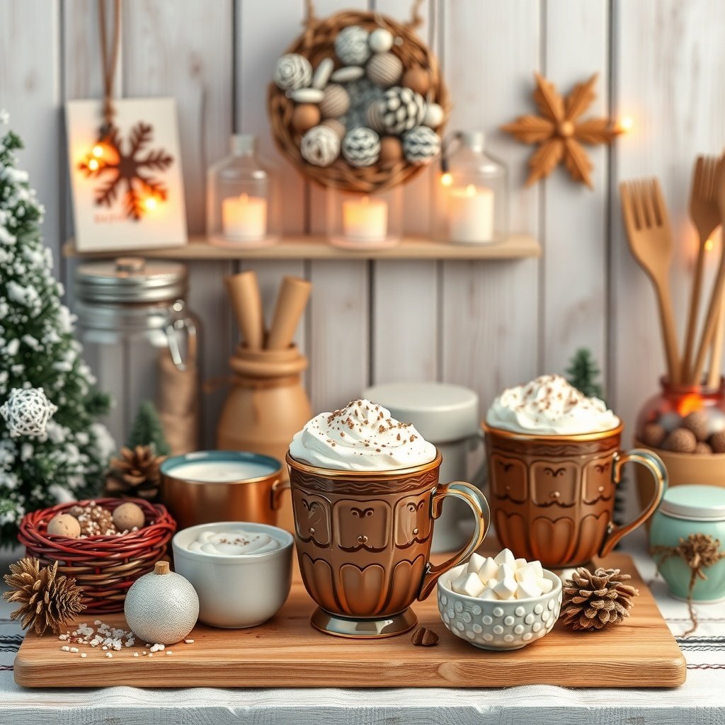 A cozy hot cocoa station with mugs of hot cocoa, whipped cream, and festive decorations.