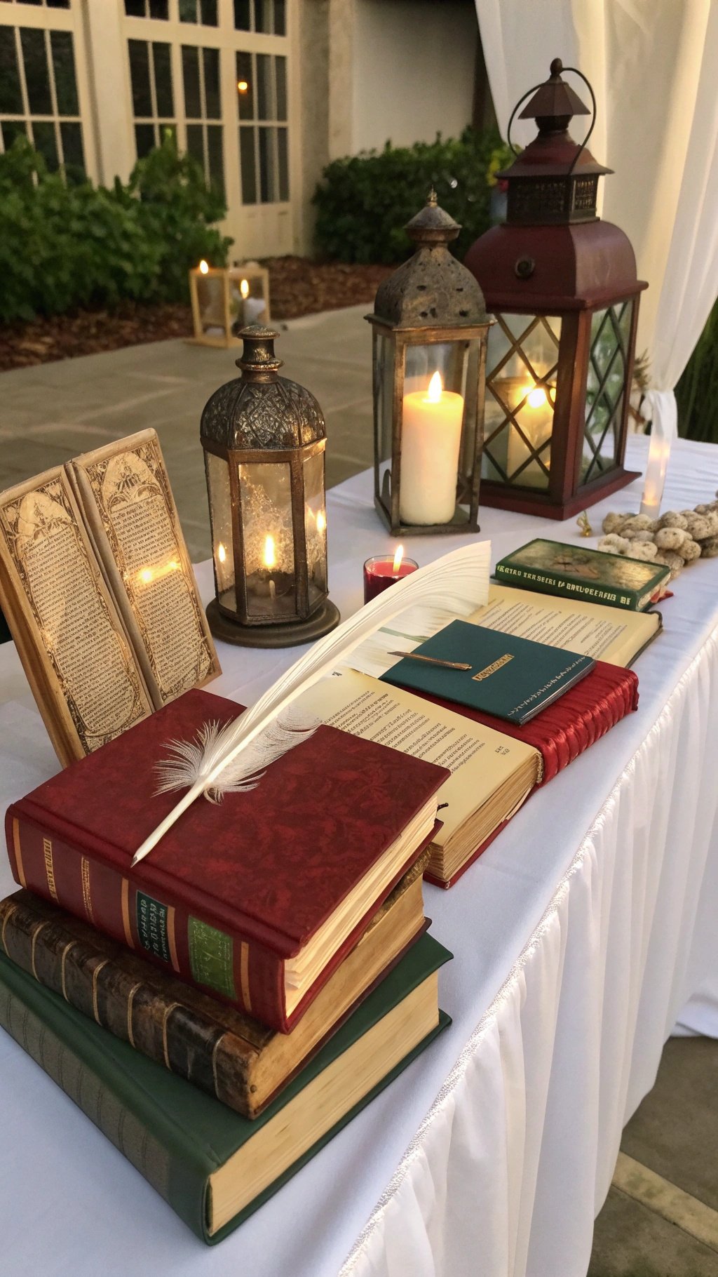 A table decorated with vintage books, lanterns, and a feather quill, creating a cozy and nostalgic atmosphere.