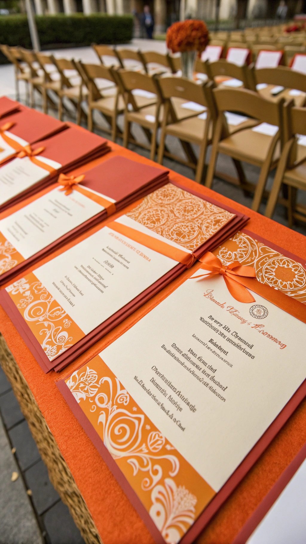 Burnt orange wedding ceremony programs arranged on a table with chairs in the background.