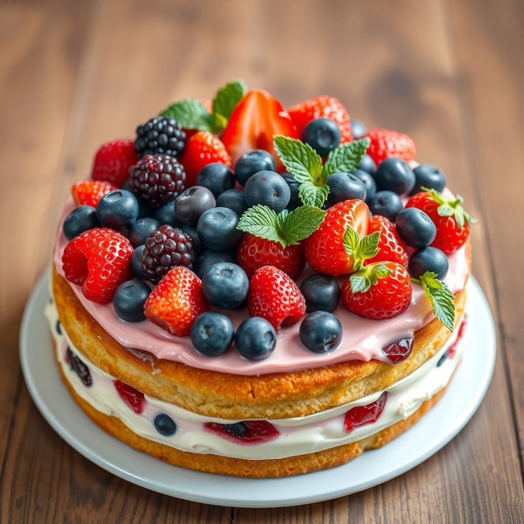 A beautiful Berry Medley Cake topped with fresh strawberries, blueberries, blackberries, and raspberries.