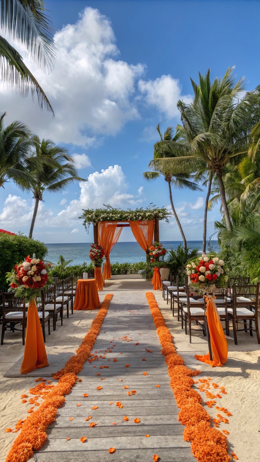 A beachside wedding setup featuring burnt orange decorations, floral arrangements, and a beautiful ocean view.