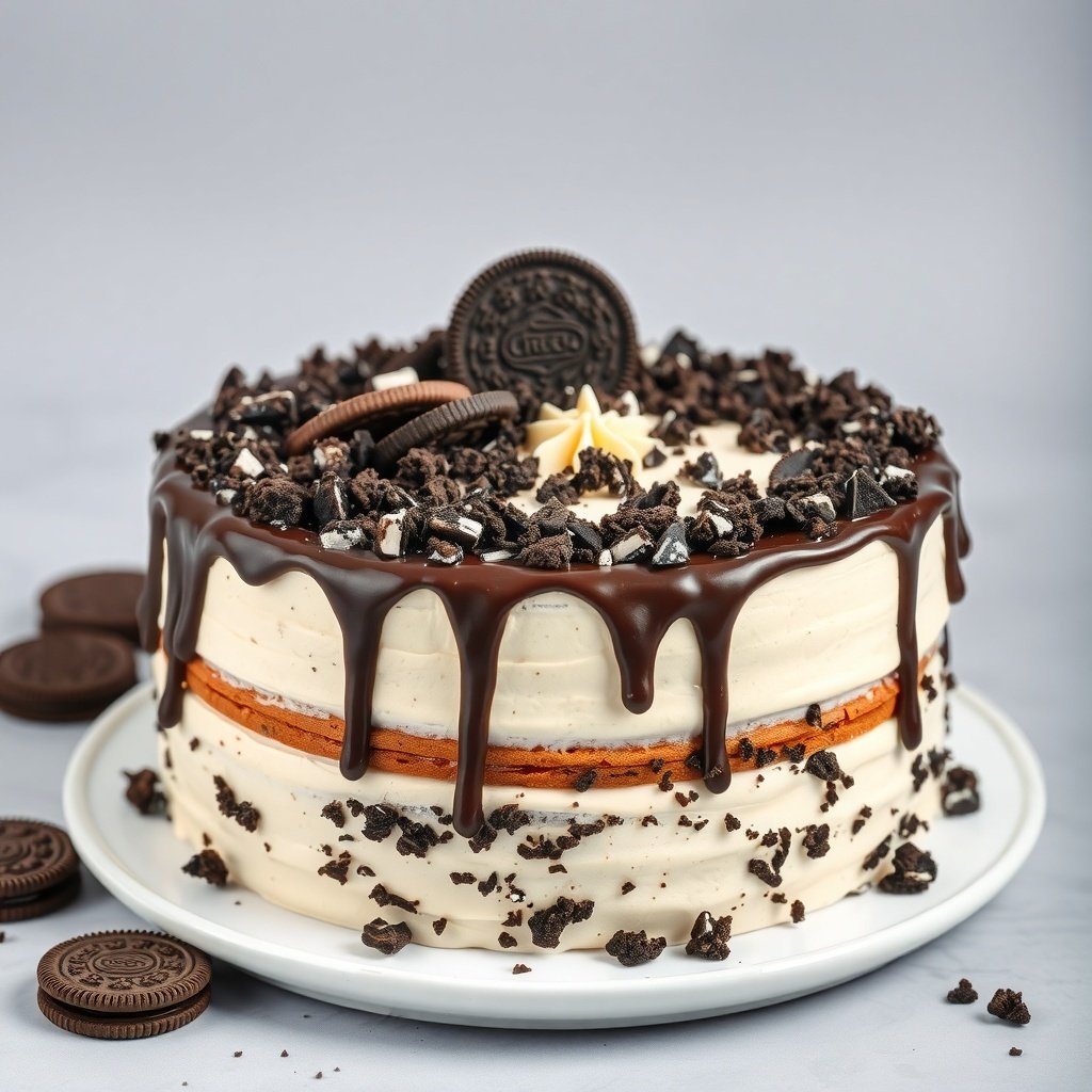 Oreo Cookies and Cream Cake topped with chocolate ganache and crushed Oreos