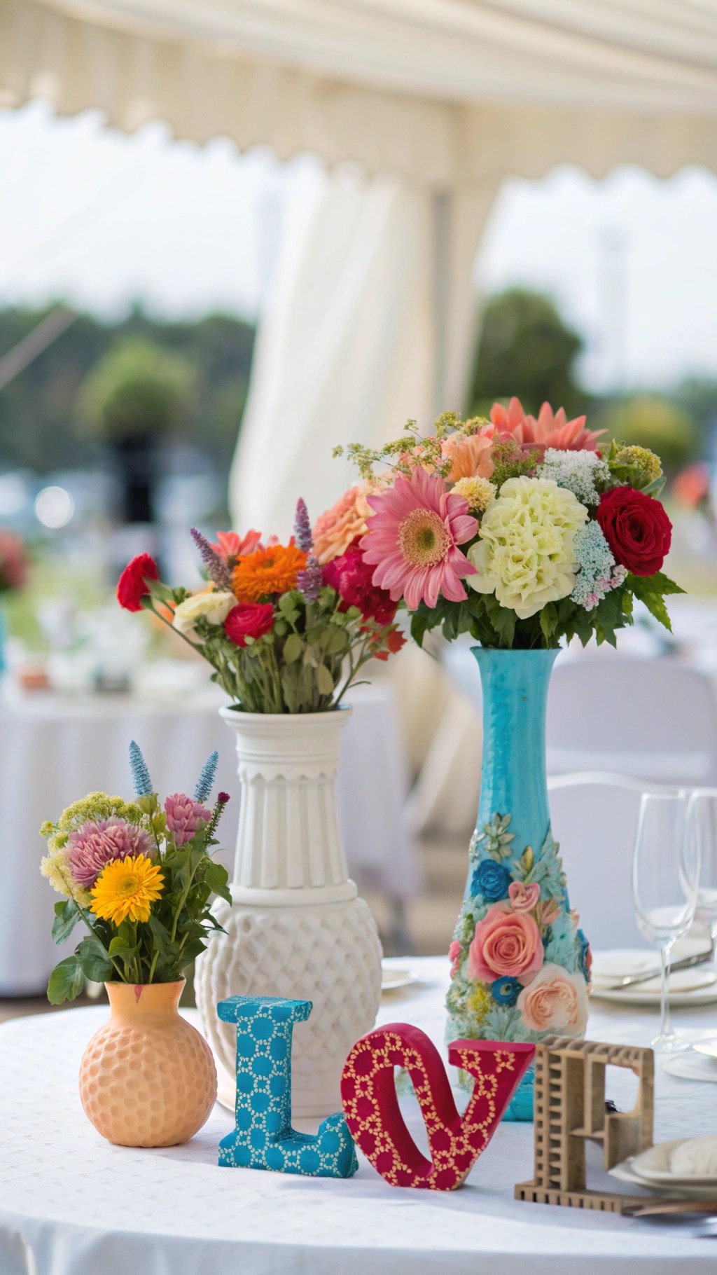 Colorful wedding table decorations featuring unique vases and flowers