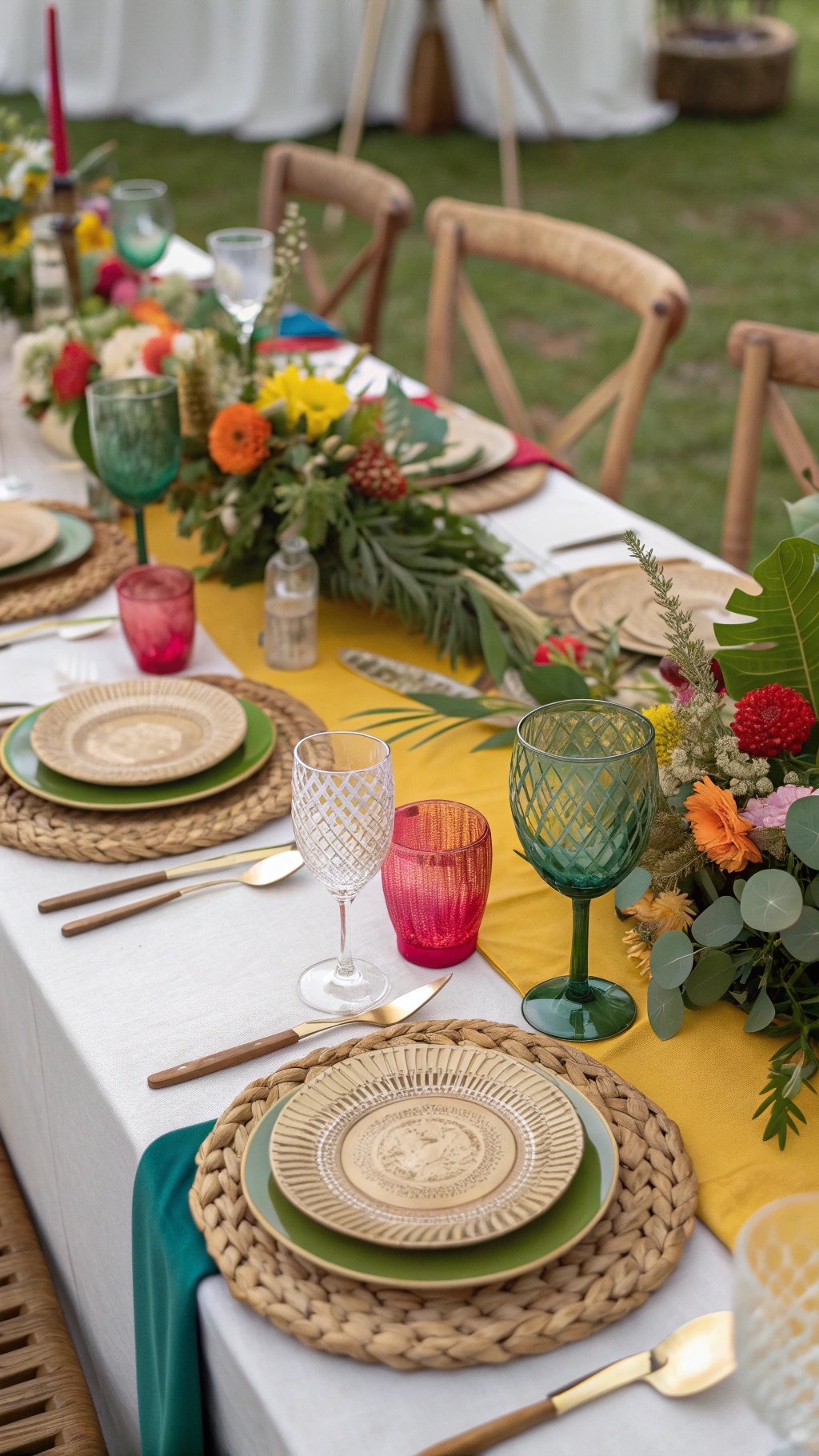 A wedding table set with eco-friendly decorations, featuring colorful glassware, woven placemats, and fresh flowers.