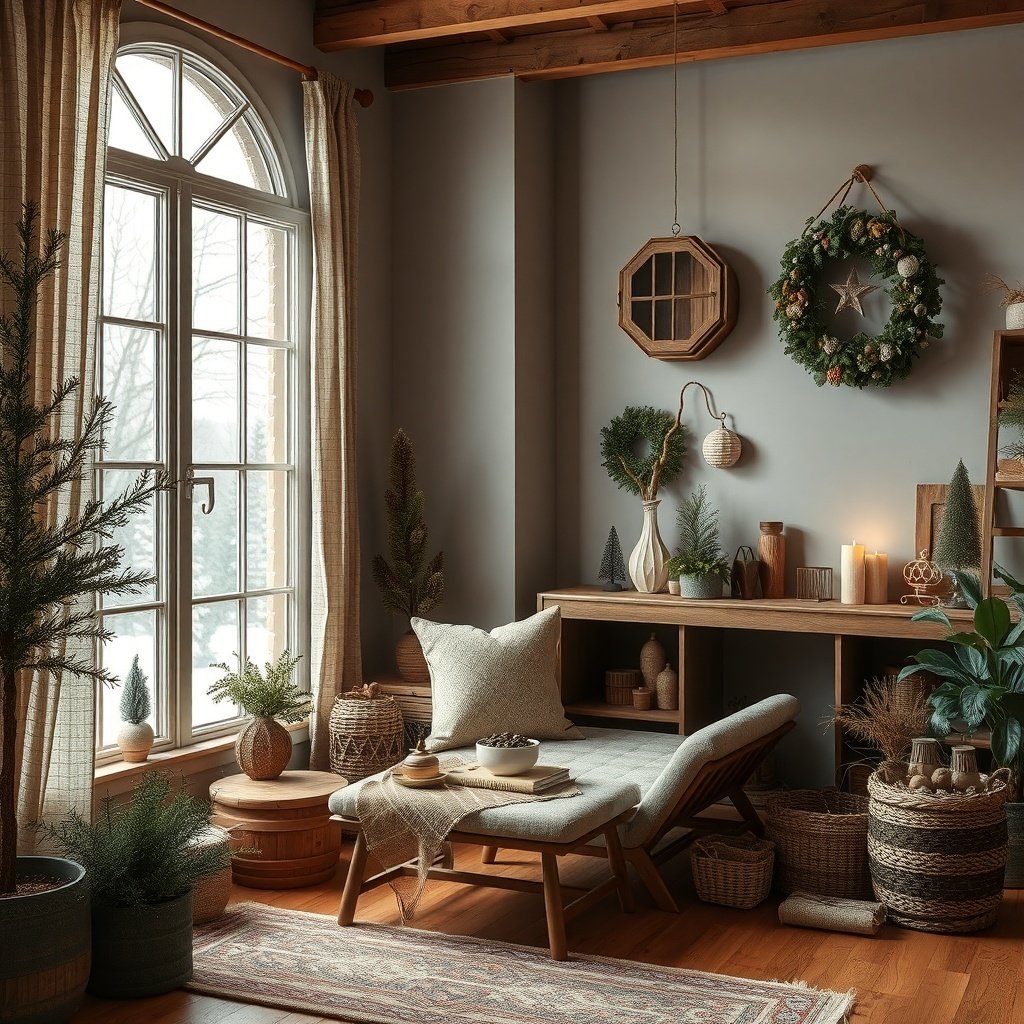 A cozy winter decor scene featuring earthy colors, natural elements, and soft lighting.