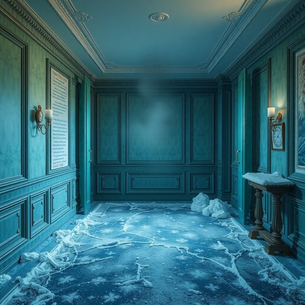 A serene room with blue walls and snowy floor decor, perfect for winter.