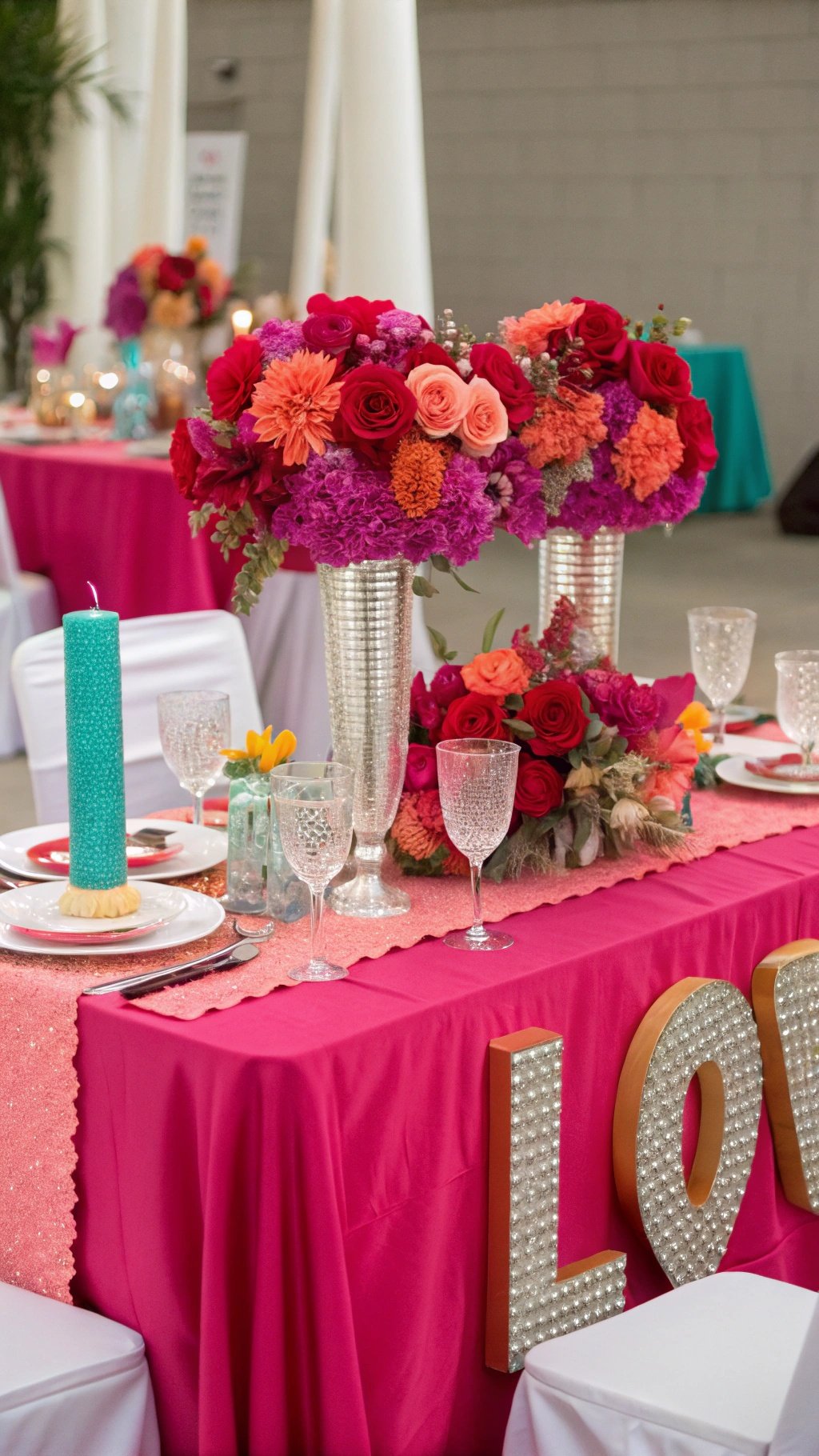 A vibrant wedding table decoration featuring bold pinks, reds, and oranges with floral arrangements and a turquoise candle.