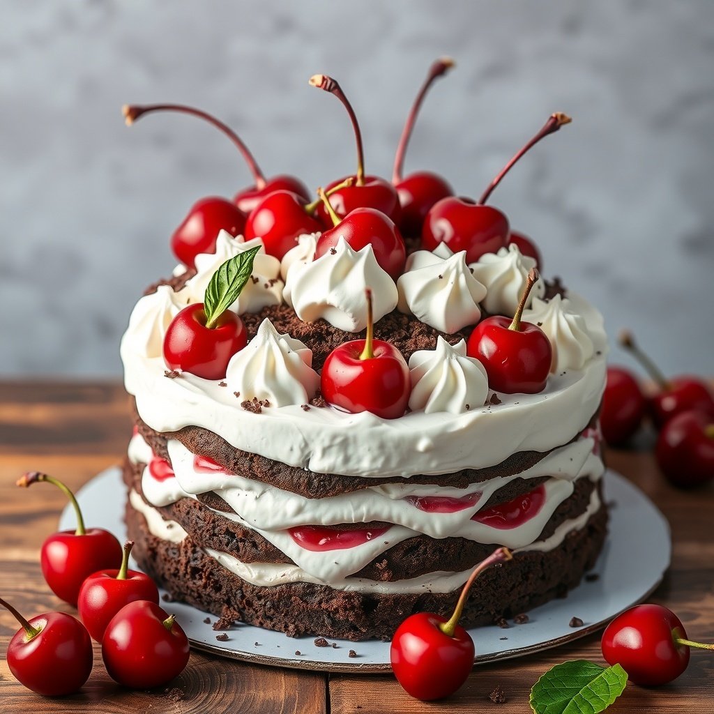 A beautifully decorated Black Forest Cake topped with cherries and whipped cream, perfect for New Year celebrations.