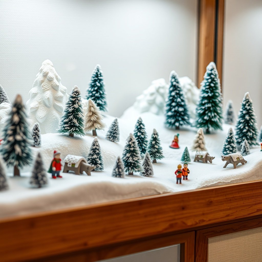A snowy landscape display featuring miniature trees, figures, and animals.