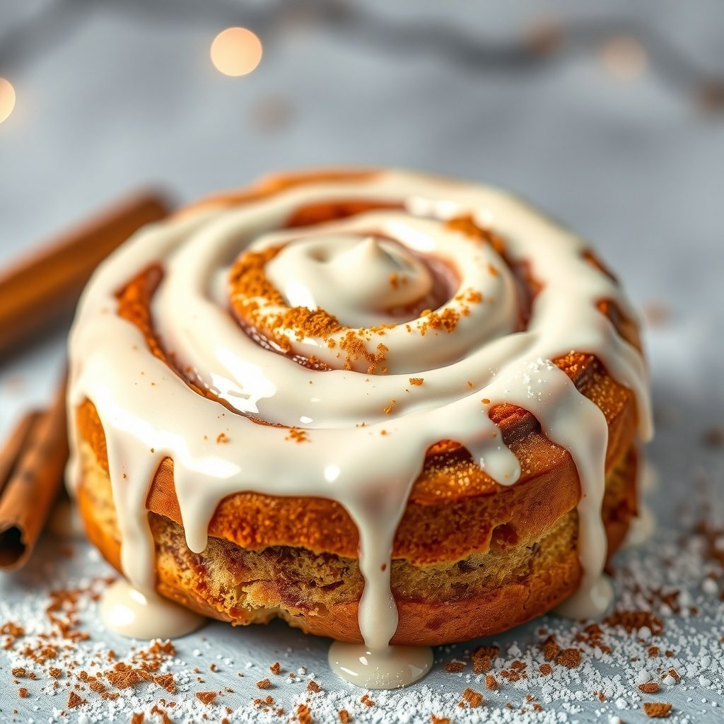 A delicious cinnamon roll cake topped with creamy glaze and cinnamon sprinkles.