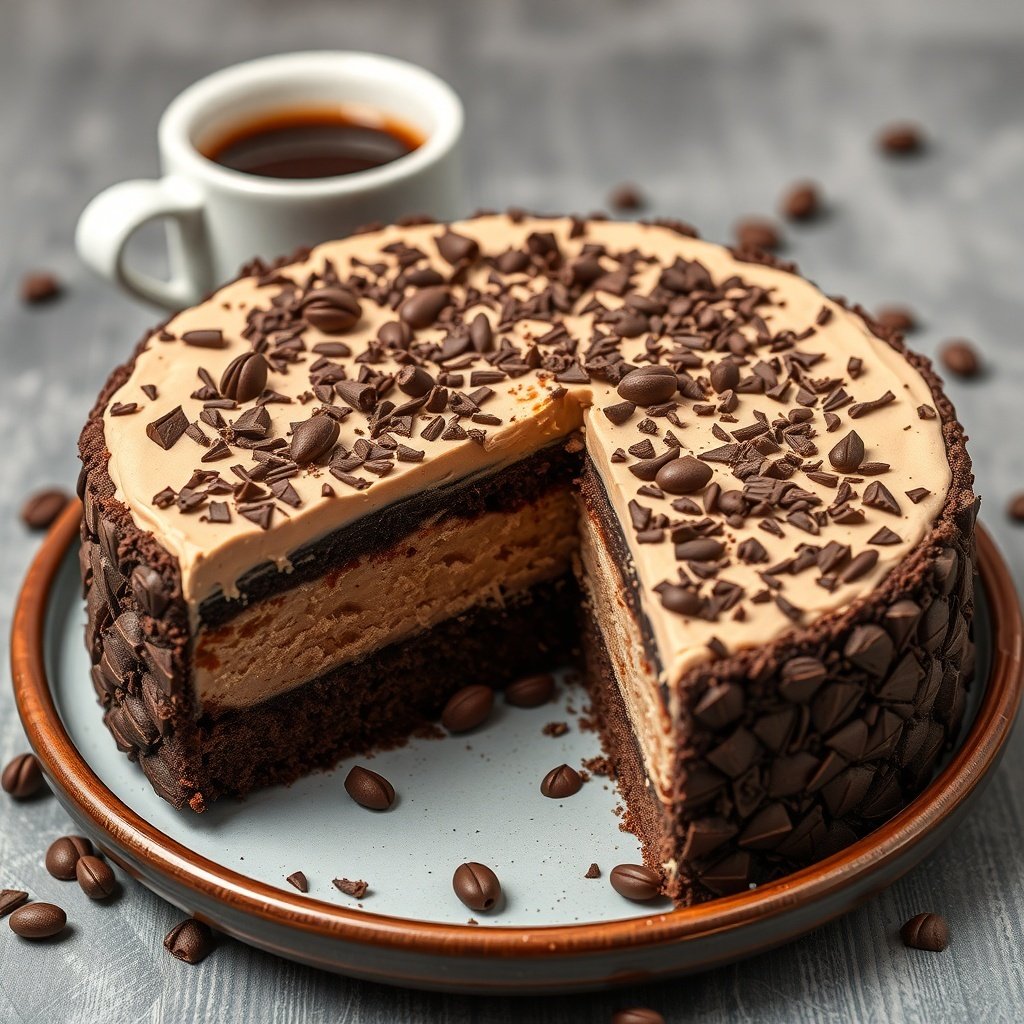Mocha Espresso Cake with chocolate shavings and coffee beans