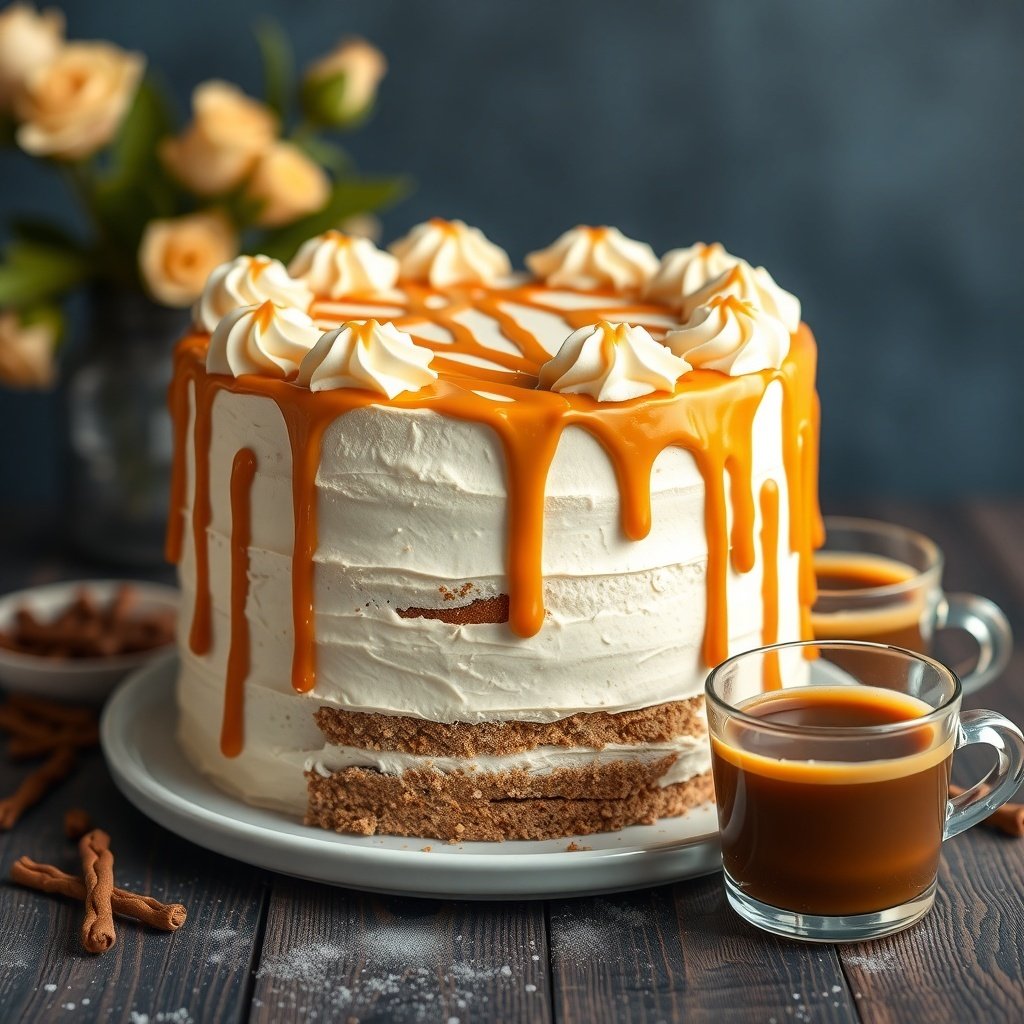 A beautifully decorated Caramel Macchiato Cake with caramel drizzle and whipped cream on top, served with coffee.