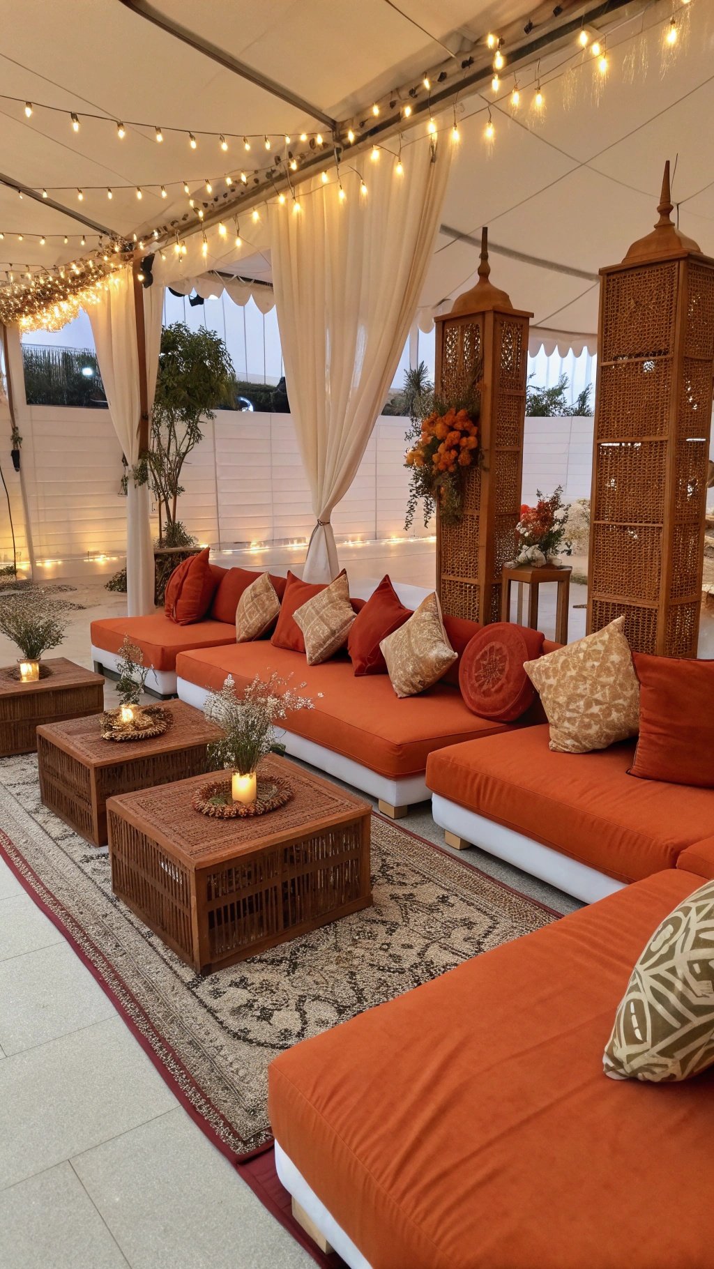 A cozy lounge area with burnt orange cushions, decorative pillows, wooden tables, and soft lighting, perfect for a wedding.