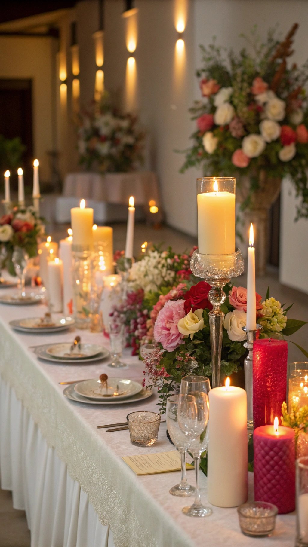 A beautifully decorated wedding table featuring various candles and floral arrangements.
