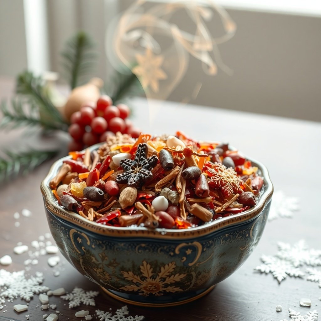 A bowl of colorful dried fruits and spices for winter decor.