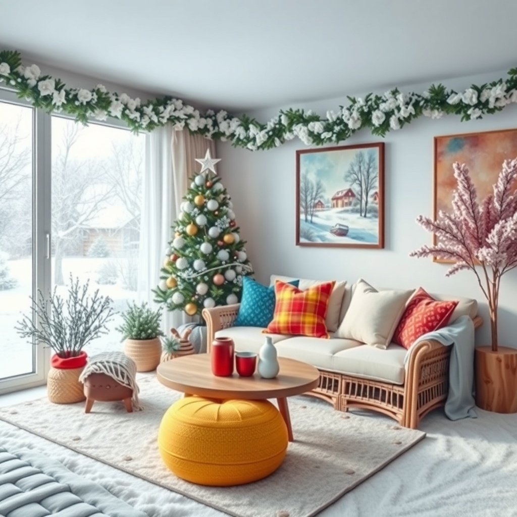 Cozy living room decorated for winter with colorful accents, including a yellow pouf, vibrant throw pillows, and a Christmas tree.