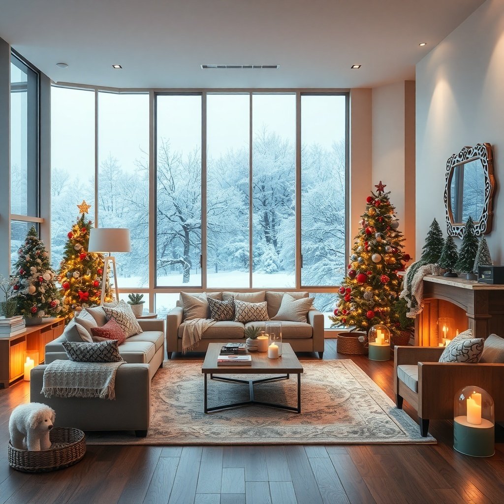 A cozy living room with two Christmas trees, large windows showing a snowy landscape, and warm candlelight.