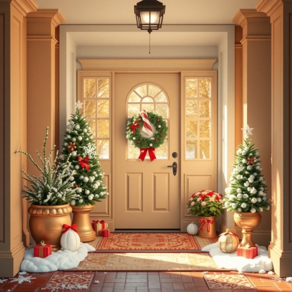 A winter-themed entryway with evergreen trees, a wreath on the door, and decorative elements.