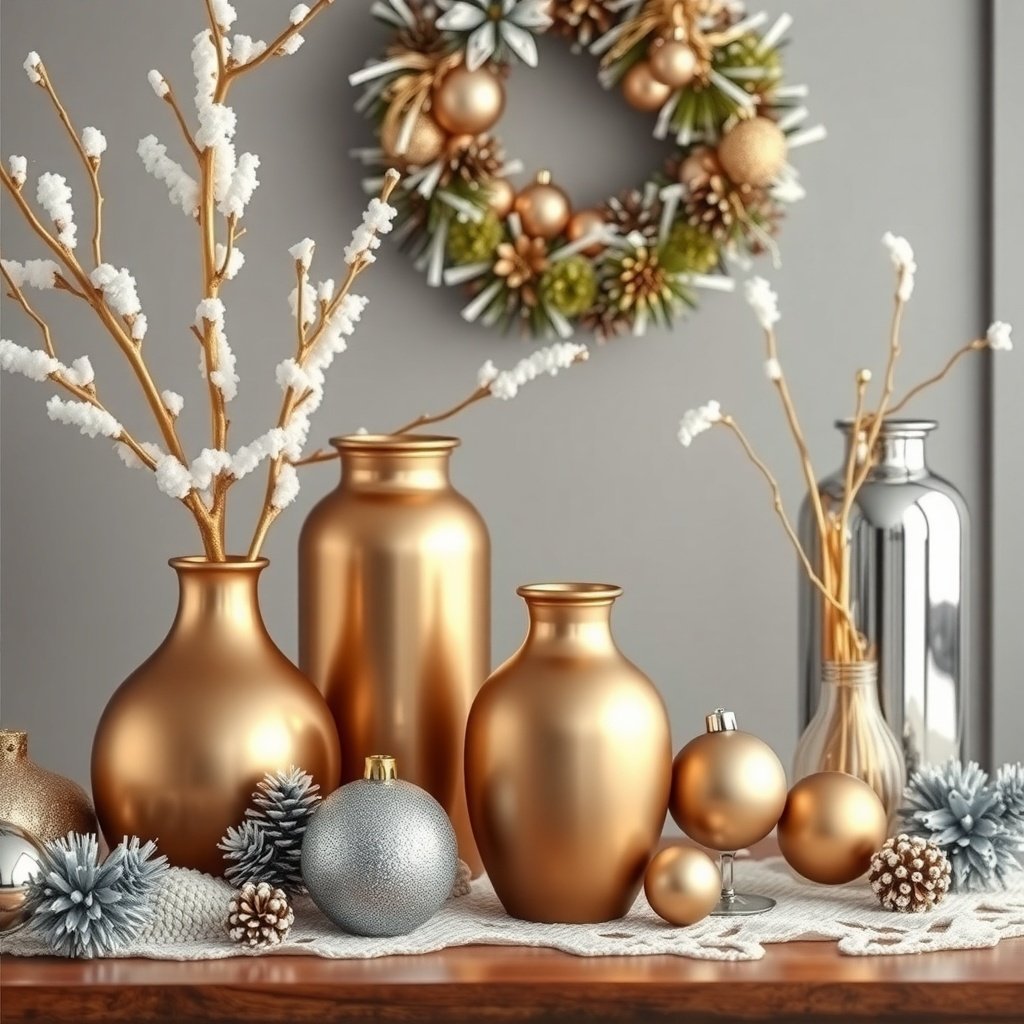 A stylish winter decor arrangement featuring metallic gold and silver vases, ornaments, and white branches, set against a cozy backdrop.