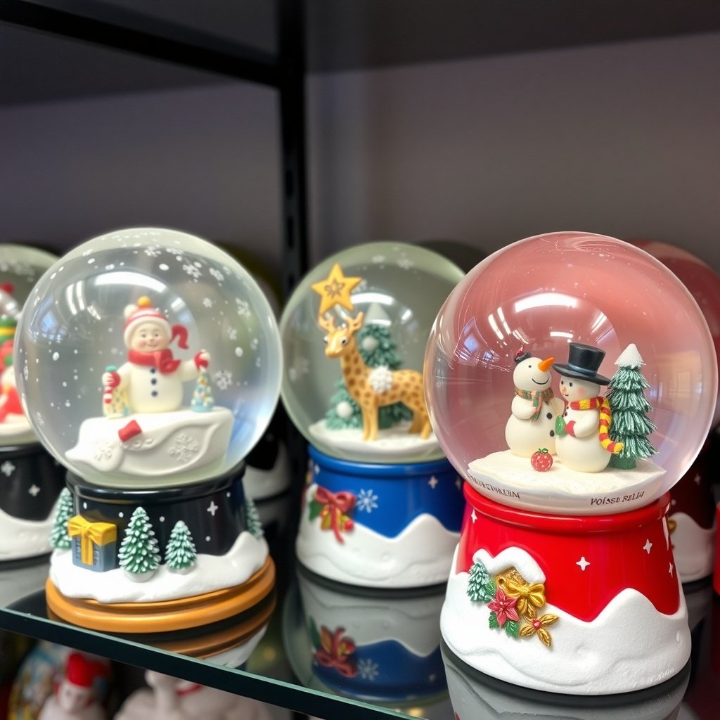 A collection of decorative snow globes featuring a snowman, a reindeer, and snow-covered trees.