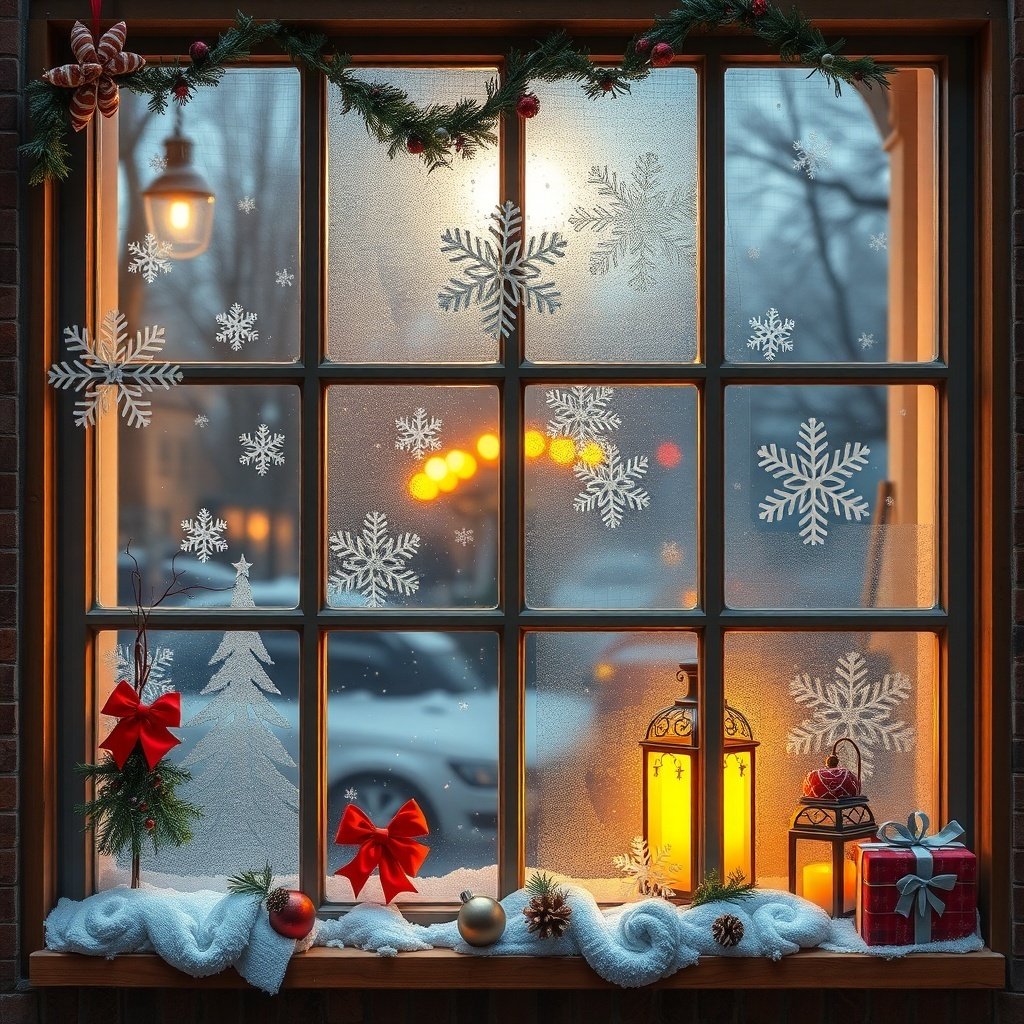 A frosted window decorated with snowflakes, garland, red bows, and lanterns, creating a cozy winter atmosphere.