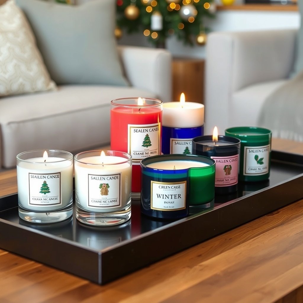 A selection of scented candles in various colors displayed on a tray, with a Christmas tree in the background.